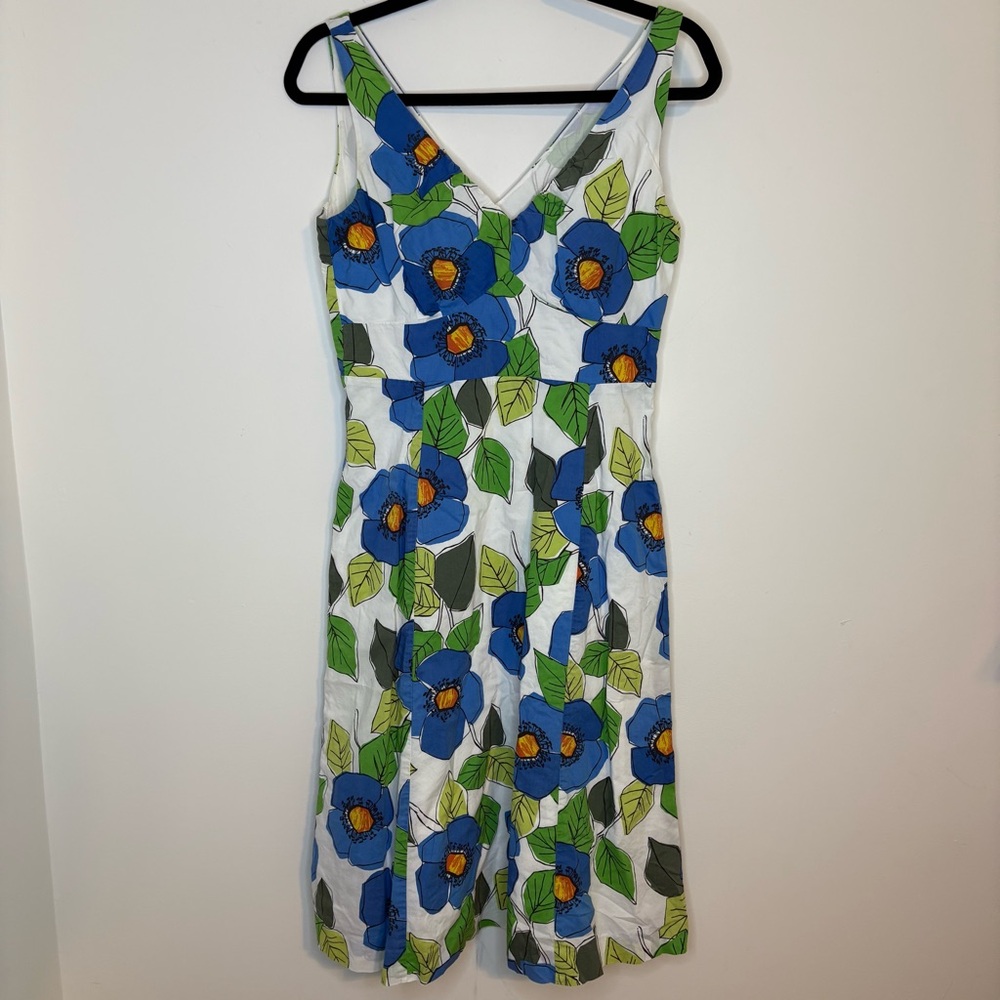 Boden Blue and Green Floral Midi V-neck Dress Size 10R 100% Cotton
